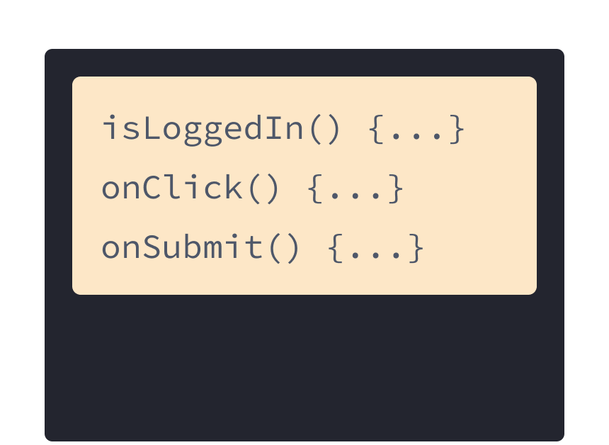 Three JavaScript handlers with yellow background: onSubmit, onLogin, and onClick.